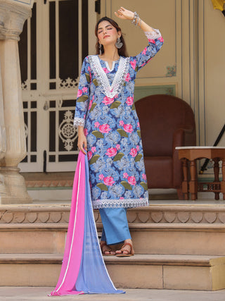 Blue Floral Print Lace 3-Piece Kurta Set