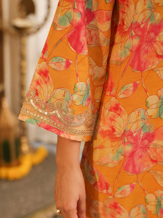 Mustard Floral Print Rayon A-Line Kurta Set with Pocket