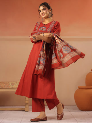 Red cotton solid straight fit kurta set with solid trouser and printed cotton dupatta