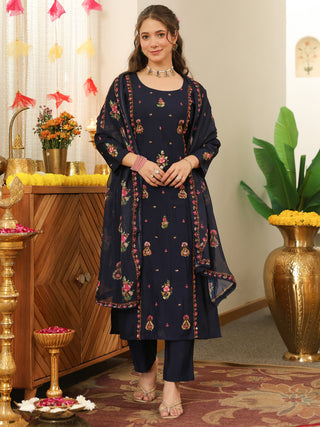 Blue Embroidered Poly Silk Straight Kurta Set