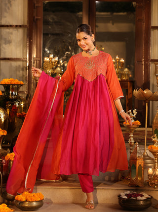 Pink Orange Embroidered Anarkali Kurta Set with Pocket