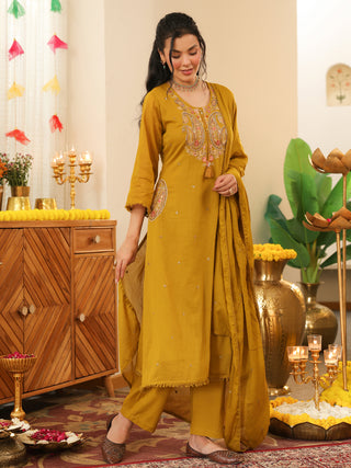 Green Embroidered Cotton A-Line Kurta Set