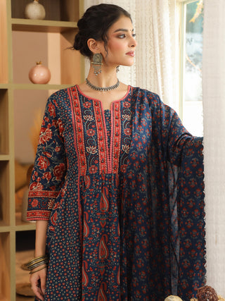 Women Ethnic Motifs Printed Pleated Pure Cotton Kurta with Trousers & With Dupatta