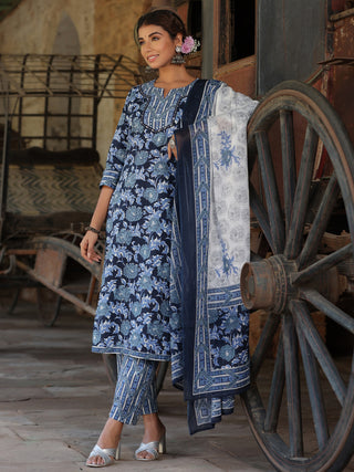 Women Navy Blue Floral Printed Pure Cotton Straight Kurta With Printed Trouser And Dupatta