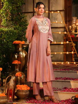 Mauve Embroidered Chanderi A-Line Kurta Set with Pocket