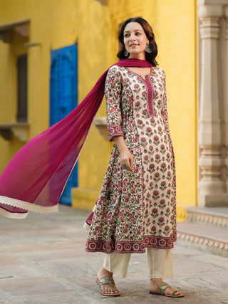 Women Ethnic Motifs Printed Regular Pure Cotton Kurta with Trousers & With Dupatta