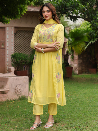 Yellow Floral Embroidered 3-Piece Anarkali Kurta Set