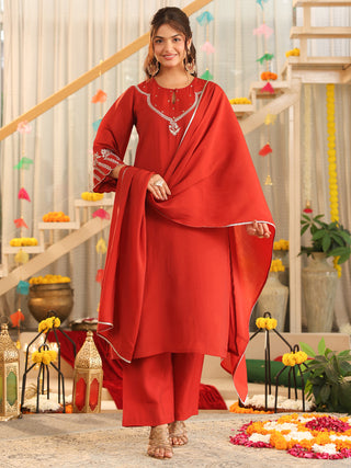Rust Embroidered Mul Chanderi Straight Kurta Set with Dupatta