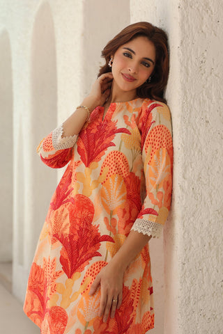 Women Peach Tropical Printed Lace Inserts Pure Cotton Tunic With Trouser