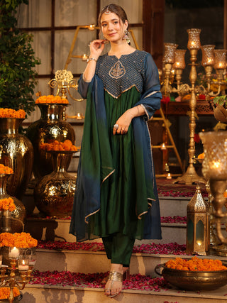Bottle Green Embroidered Anarkali Kurta Set with Pocket