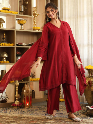Maroon Lace Chanderi A-Line Kurta Set with Pocket