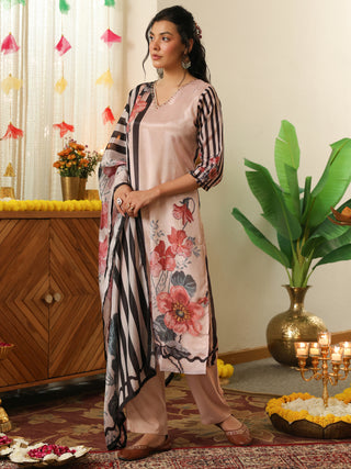 Peach Panel Print Chanderi Straight Kurta Set