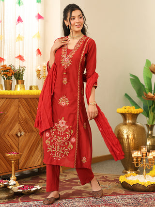 Deep Red Floral Embroidered Cotton Straight Kurta Set