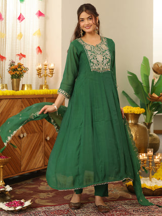 Green Embroidered Anarkali Kurta Set with Pocket