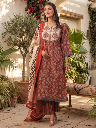 Maroon Printed Embroidered 3-Piece Kurta Set