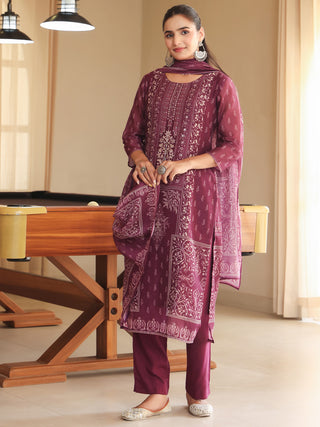 Wine Ethnic Motif Print 3-Piece Straight Kurta Set