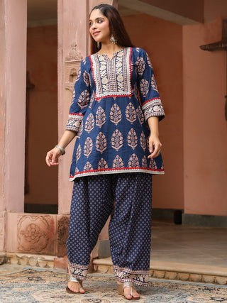 Navy Blue Mughal Print Straight 2-Piece Kurta Set