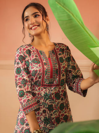 Green Floral Print Cotton Straight Kurta