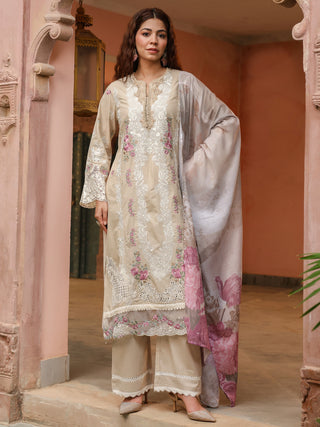 Beige Floral Embroidered 3-Piece Straight Kurta Set