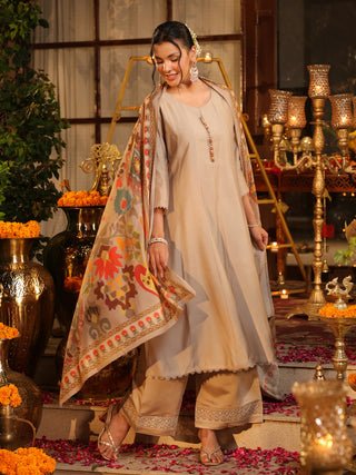 Grey Chanderi A-Line Kurta Set
