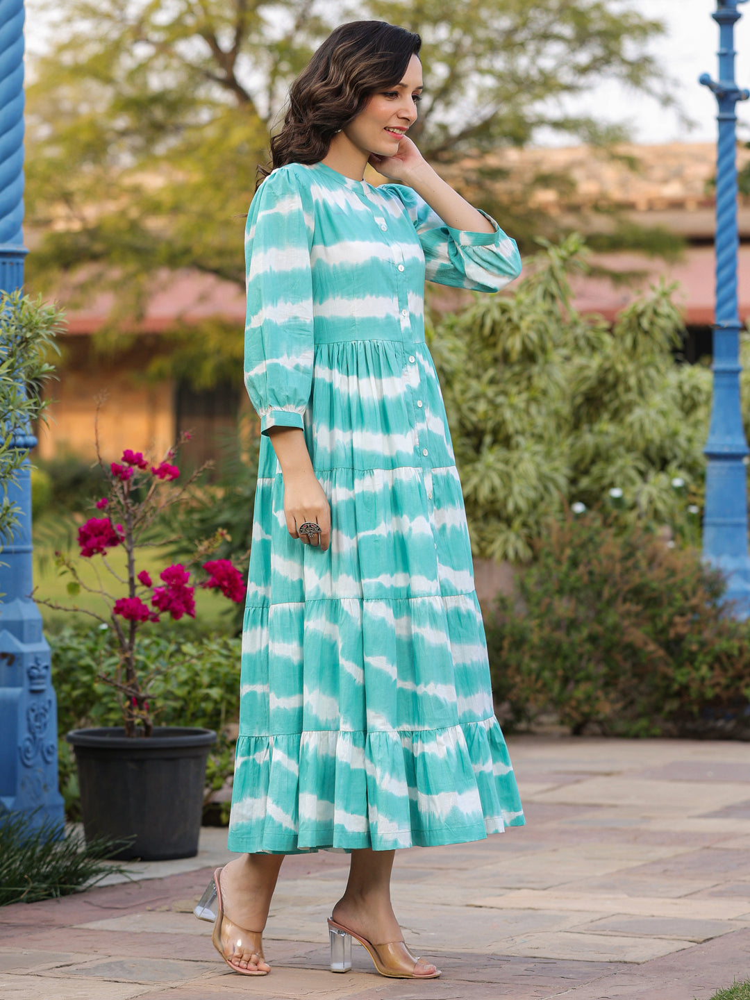Women Sea Green Tie and Dye Pure Cotton Fit and Flared Midi Dress Rain & Rainbow Women Sea Green Tie and Dye Pure Cotton Fit and Flared Midi Dress Rain & Rainbow