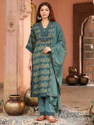 Teal Floral Print 3-Piece Straight Kurta Set