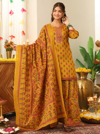 Mustard Yellow Floral Print Cotton Straight Kurta Set