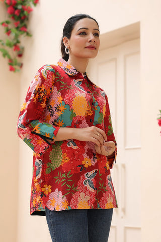 Women Floral Printed Shirt Collar Cotton Top