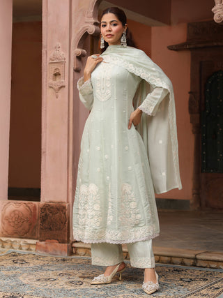 Mint Green Embroidered Lace 3-Piece Anarkali Kurta Set