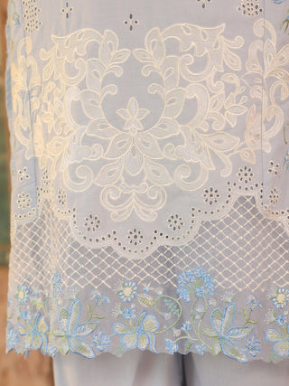 Blue Floral Embroidered Lace 3-Piece Straight Kurta Set