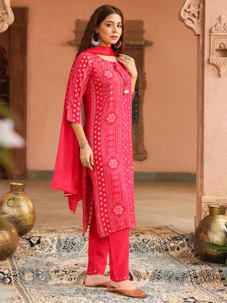 Pink Floral Embroidered Lace 3-Piece Straight Kurta Set