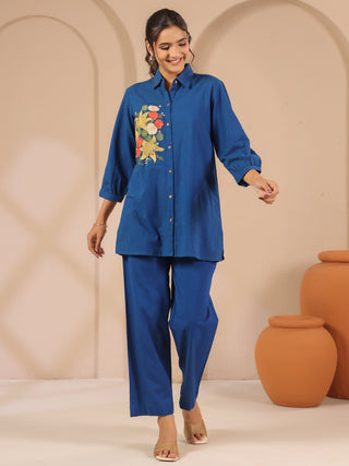 Blue cotton solid shirt style tunic cord set with matching tousers