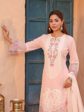 Pink Floral Embroidered 3-Piece Straight Kurta Set