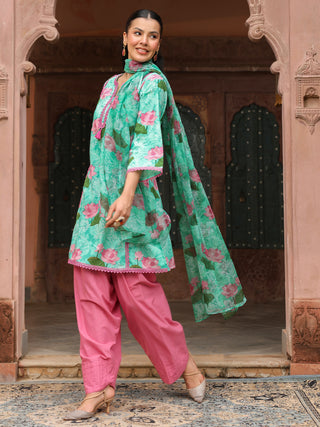 Mint Green Floral Print Straight 3-Piece Kurta Set