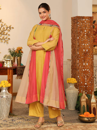 Yellow Beaded Chanderi Anarkali Kurta Set with Pocket