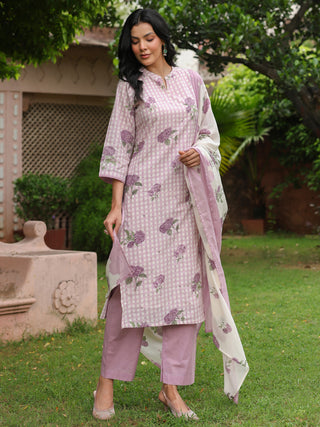 Purple Floral Print 3-Piece Straight Kurta Set
