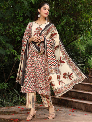 Rust Striped Embroidered 3-Piece Straight Kurta Set
