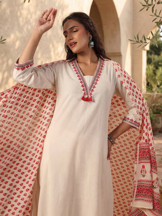 Off-White Cotton Straight Kurta Set with Red Embroidery
