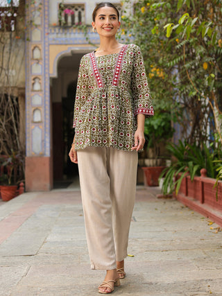 Green Ethnic Motif Print Peplum Top