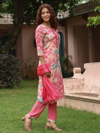 Pink Floral Embroidered 3-Piece Straight Kurta Set