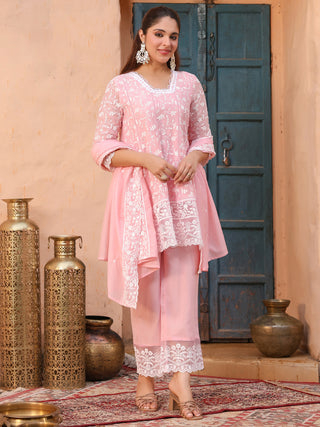 Pink Floral Embroidered Lace 3-Piece Straight Kurta Set