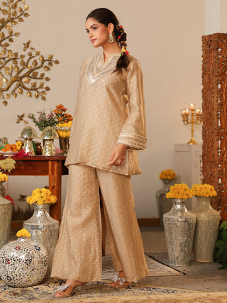 Champagne Beige Woven Butti Tissue Co-Ord Set