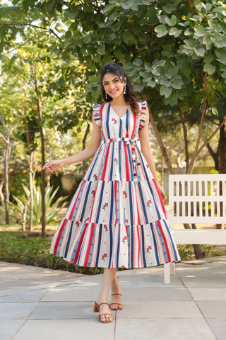 Beige Striped Fit & Flare Dress