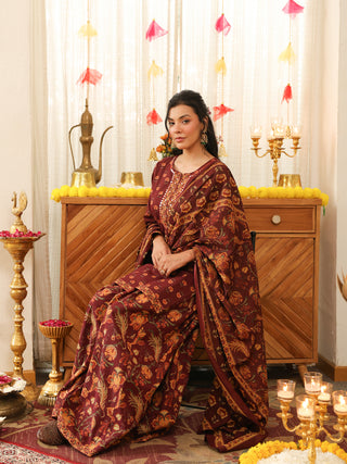 Brown Floral Print Cotton Straight Kurta Set