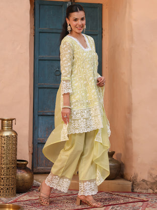 Lime Floral Embroidered Lace 3-Piece Straight Kurta Set