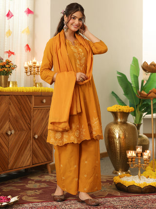 Mustard Embroidered Cotton A-Line Kurta Set