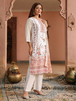 Peach Floral Print 3-Piece Straight Kurta Set
