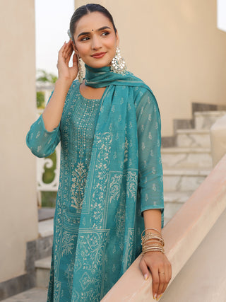 Teal Ethnic Motif Print 3-Piece Straight Kurta Set