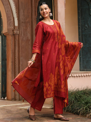 Maroon Jacquard Print 3-Piece Straight Kurta Set