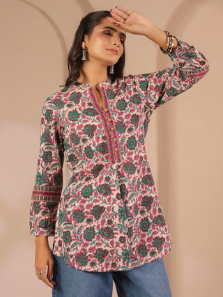 Green Floral Print Cotton Mandarin Collar Top